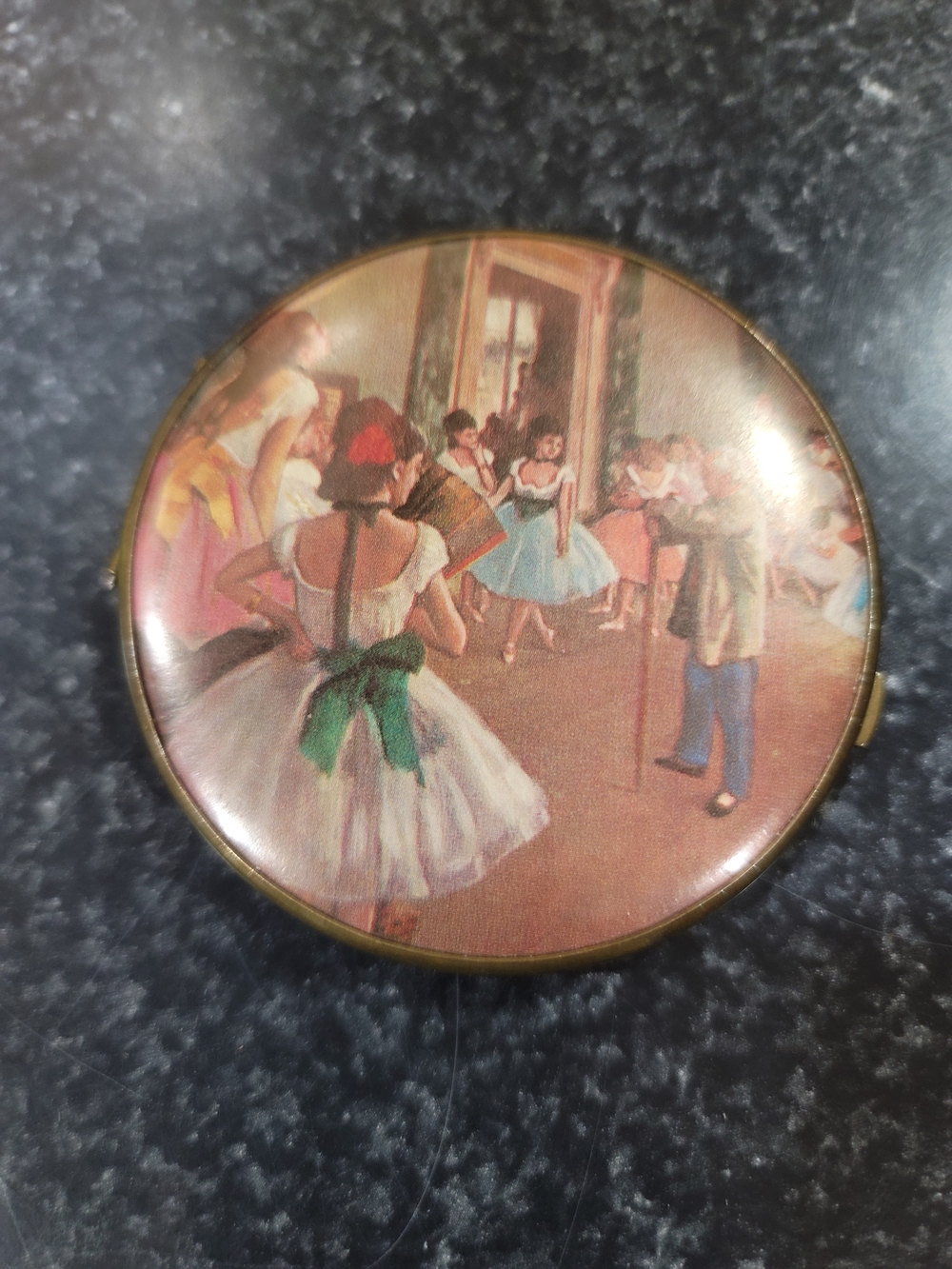 Vintage Round Gold-Tone Cosmetic Compact Mirror w/ Ballerina Scene Lid 3 in
